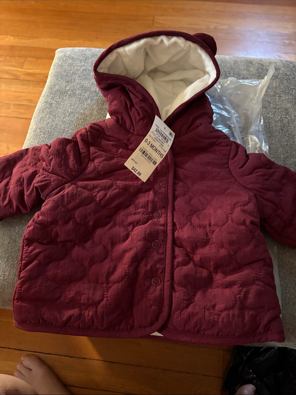 First Impressions Burgundy Quilted Hooded Baby Puffer Jacket
